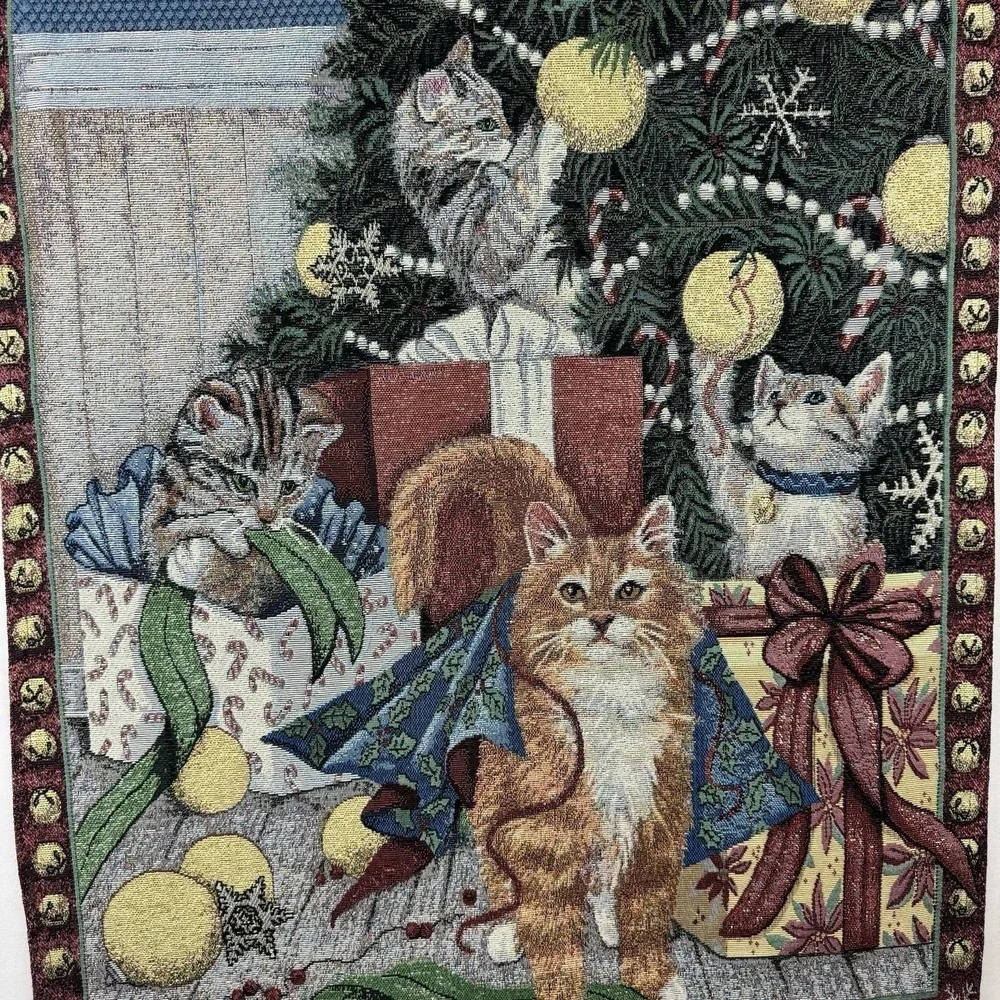 Vtg Christmas Cats Tapestry‎ Wall Hanging Holiday Kittens Tree Gifts 36x26